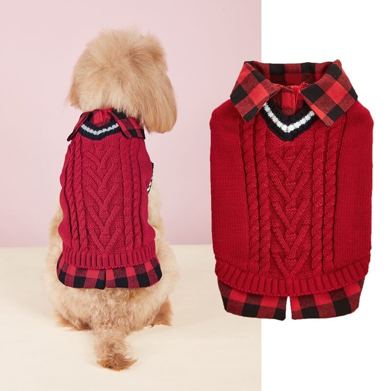 Perfect for Fall Winter Plaid Collar Cable Knit Dog Sweater Vest