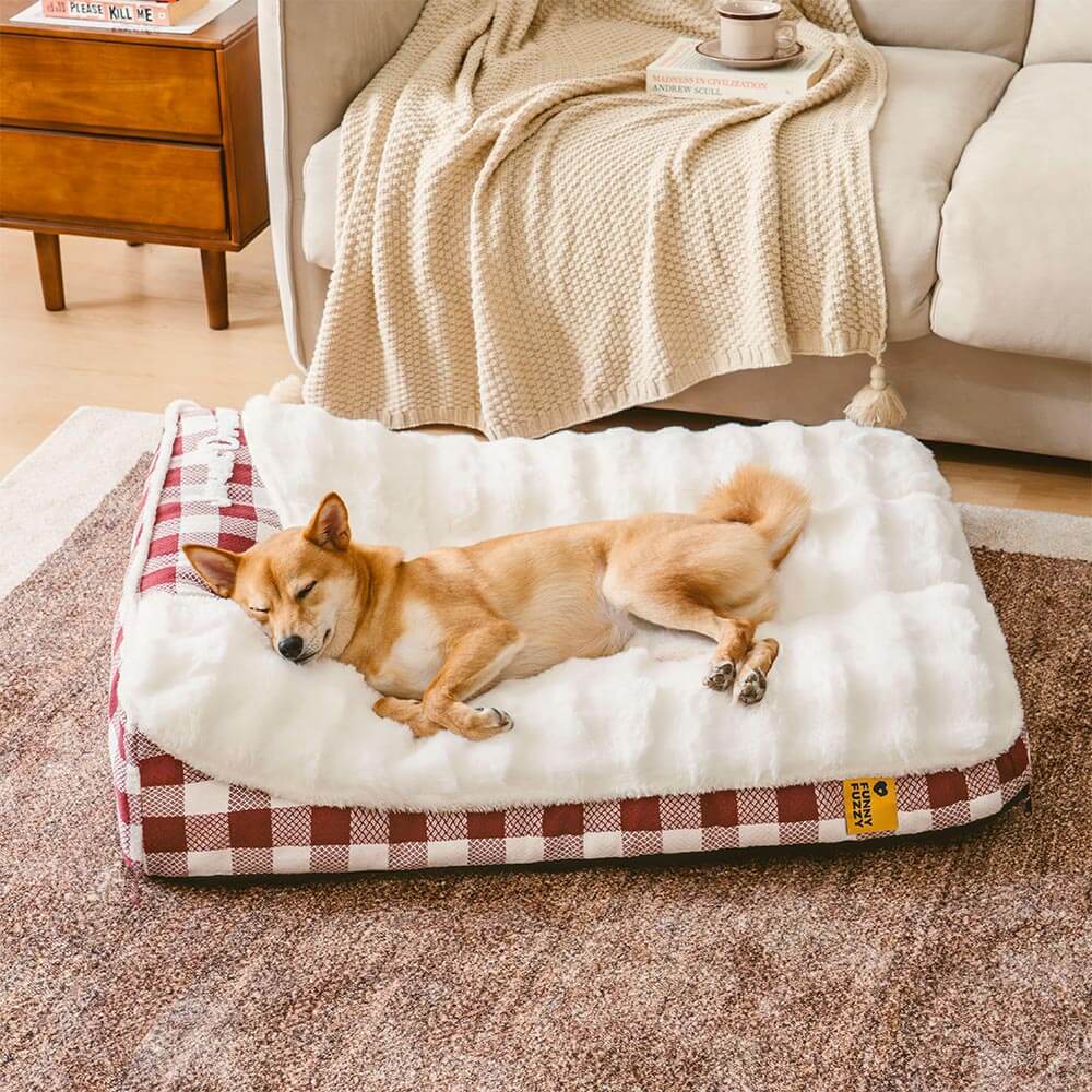 Large Classic Check Headrest Rectangle Calming Dog Bed - Dreamy wave