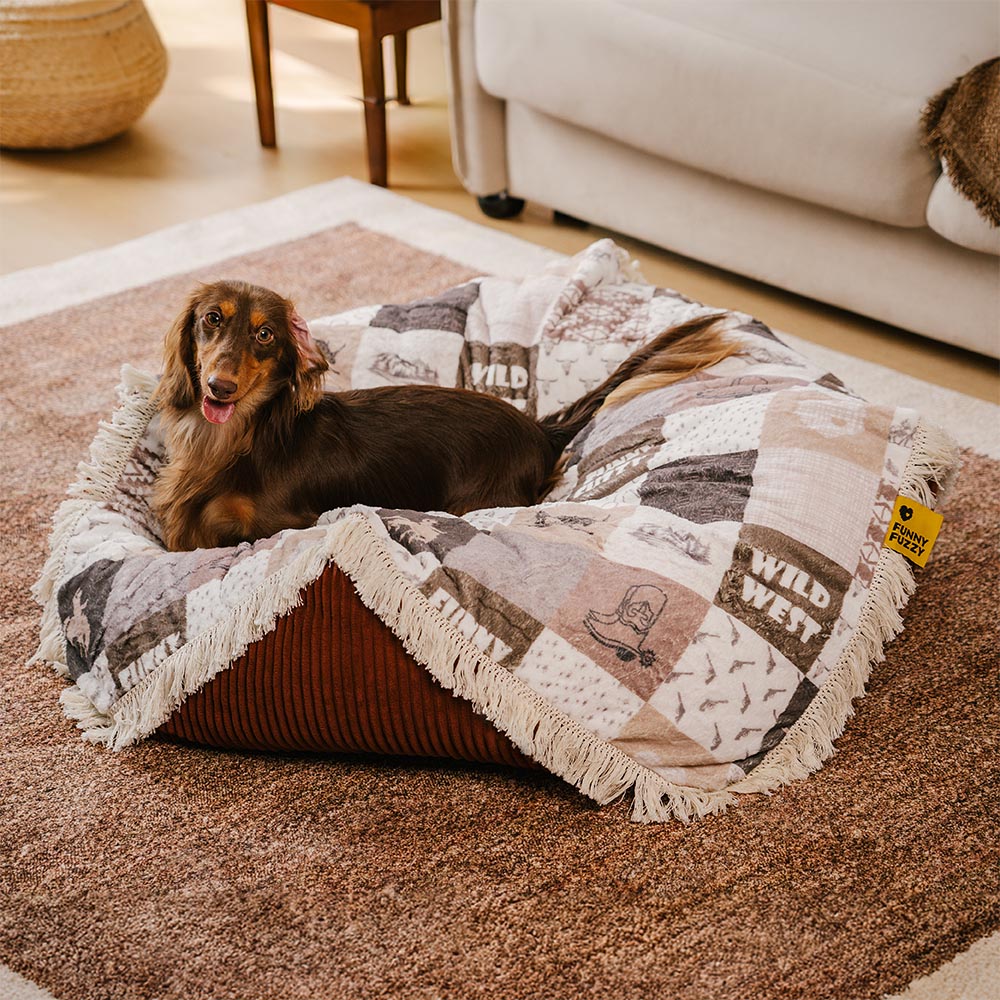 Waschbares, kratzfestes, beruhigendes rundes Hundebett im Boho-Stil mit Quasten – Hunter Night