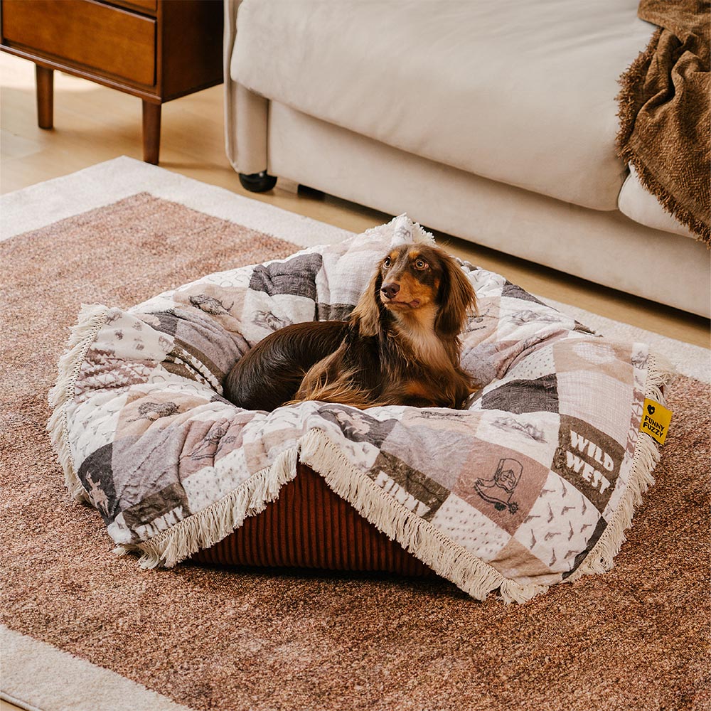 Waschbares, kratzfestes, beruhigendes rundes Hundebett im Boho-Stil mit Quasten – Hunter Night