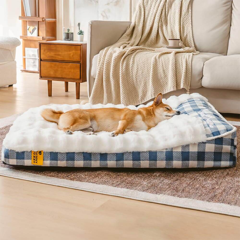 Large Classic Check Headrest Rectangle Calming Dog Bed - Dreamy wave