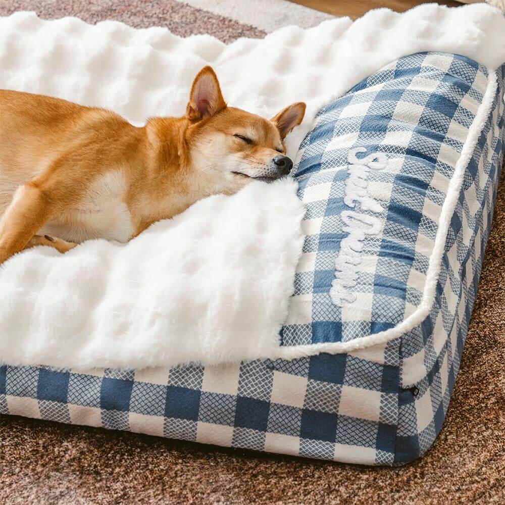 Large Classic Check Headrest Rectangle Calming Dog Bed - Dreamy wave