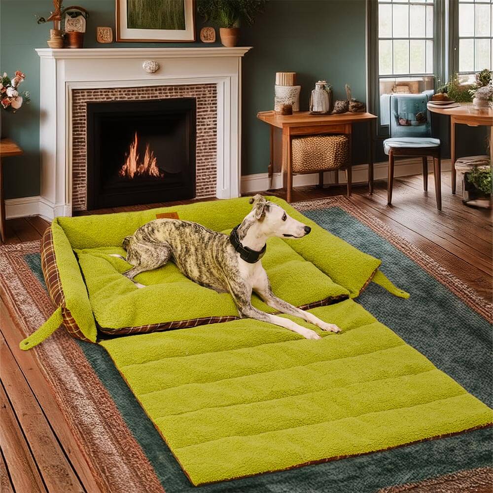 Cama plegable para perros con manta y diseño vintage de tartán lavable - Avocuddle