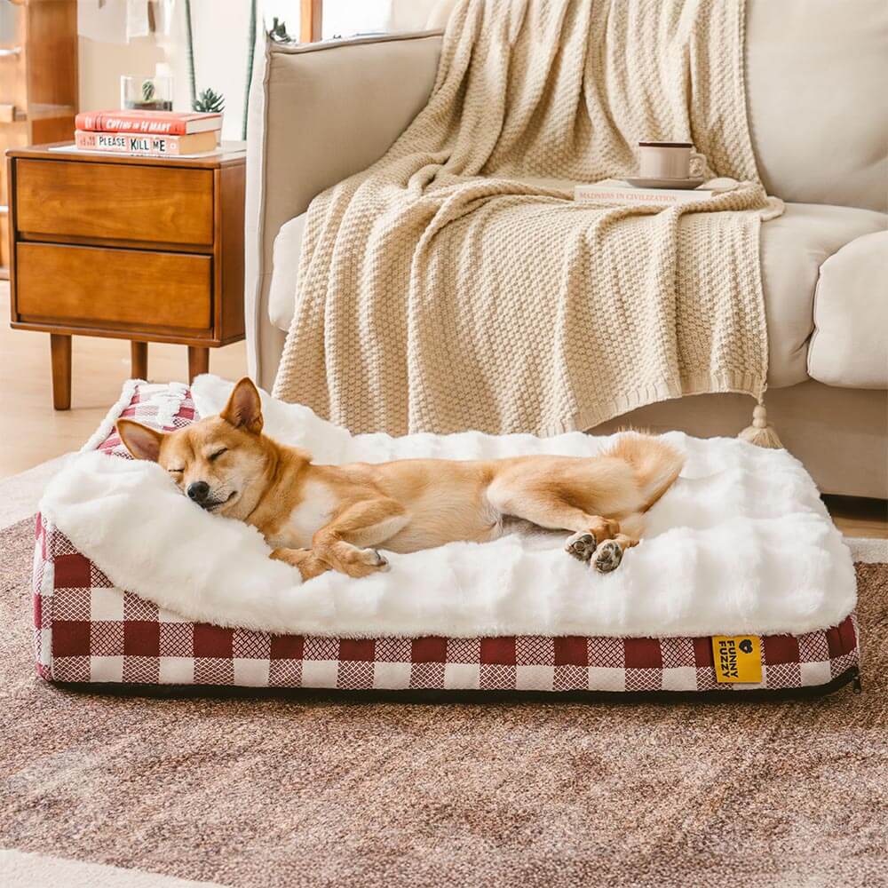 Large Classic Check Headrest Rectangle Calming Dog Bed - Dreamy wave