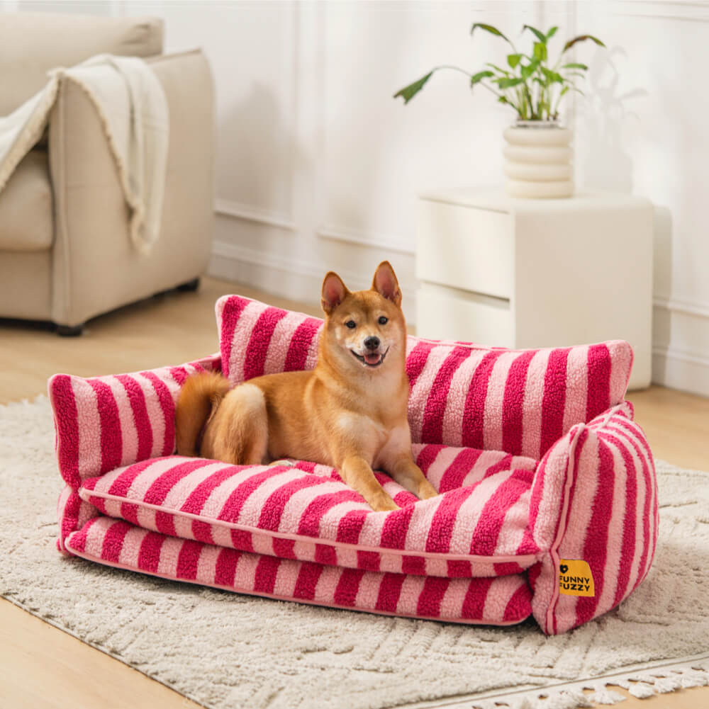 Couvre-lit – Canapé-lit tendance rayé en fausse laine d'agneau double couche pour chien et chat