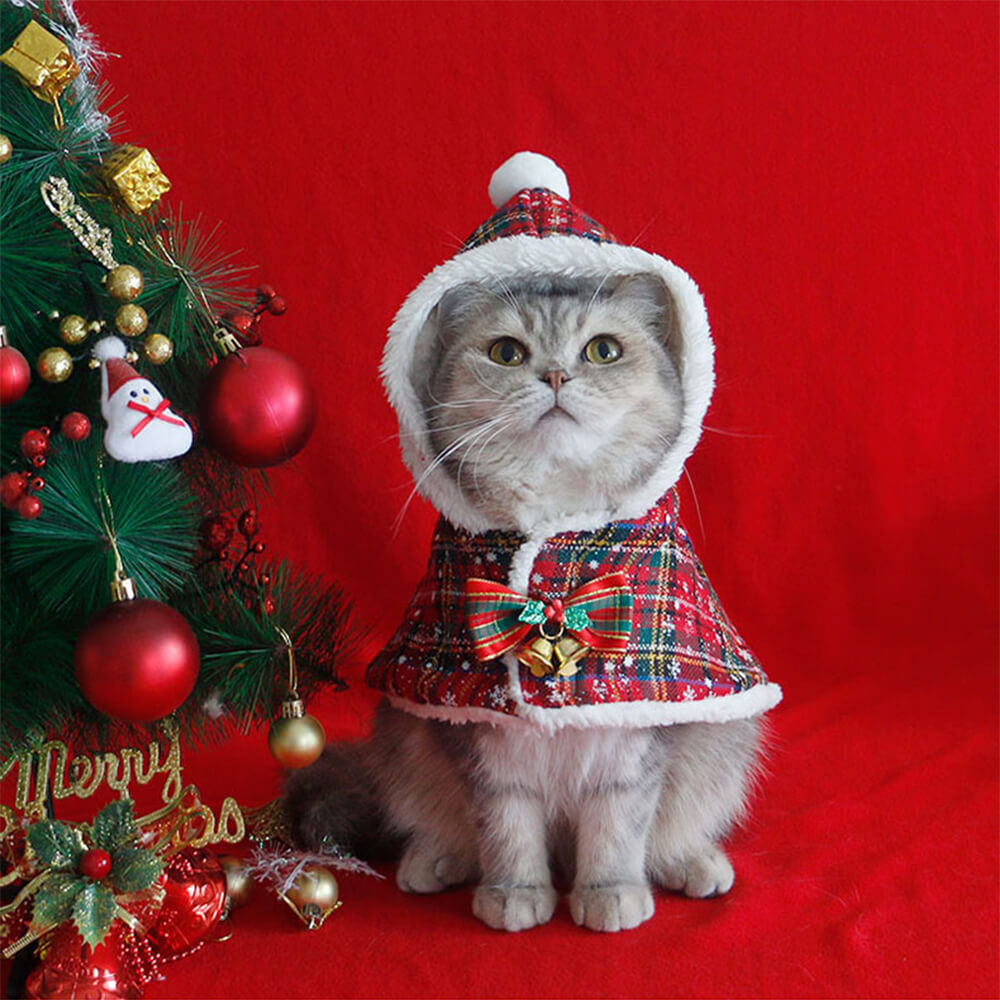 Weihnachtlicher, schicker, warmer Schal-Poncho mit Kapuze für Hunde und Katzen