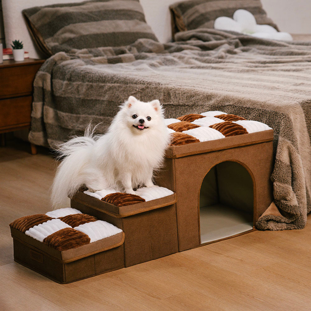 Chessboard Handcrafted Dog Stairs With Storage And Condo - Napsteps