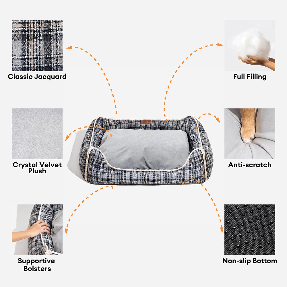 Classical Retro Plaid Removable Bolster Calming Dog Bed - Nostalgic Retreat