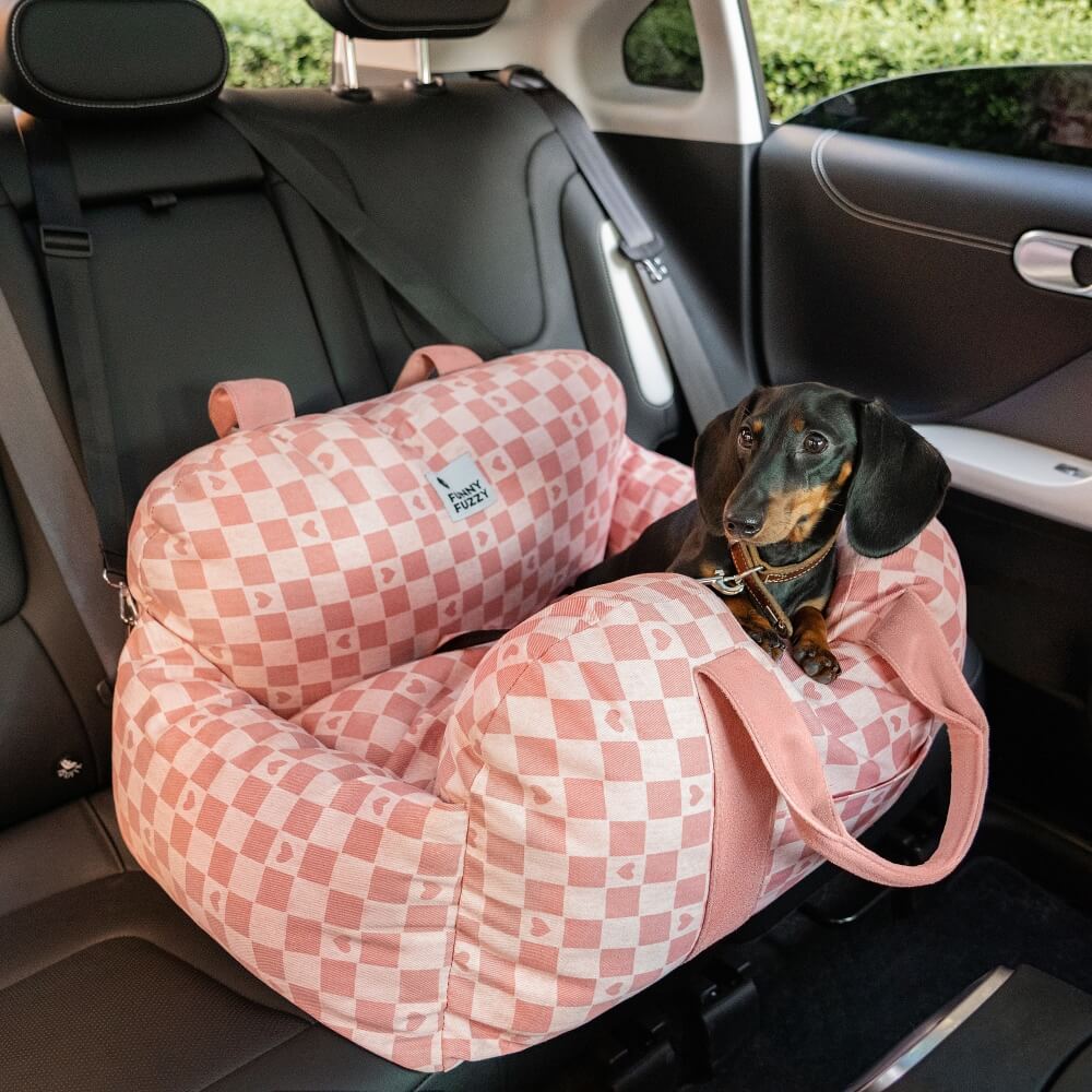 Cama de assento de carro para cachorro xadrez coração vintage