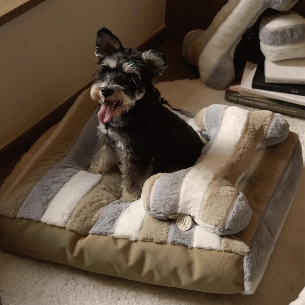 Cama relajante de felpa a rayas de lujo para perros con almohada