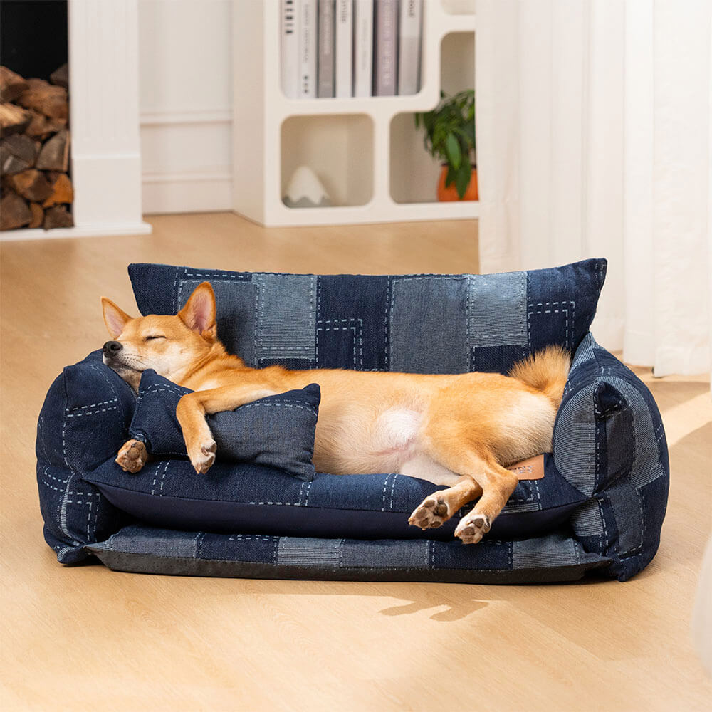 Canapé-lit Double couche pour animaux de compagnie, Style Patchwork en Denim, canapé-lit pour chien