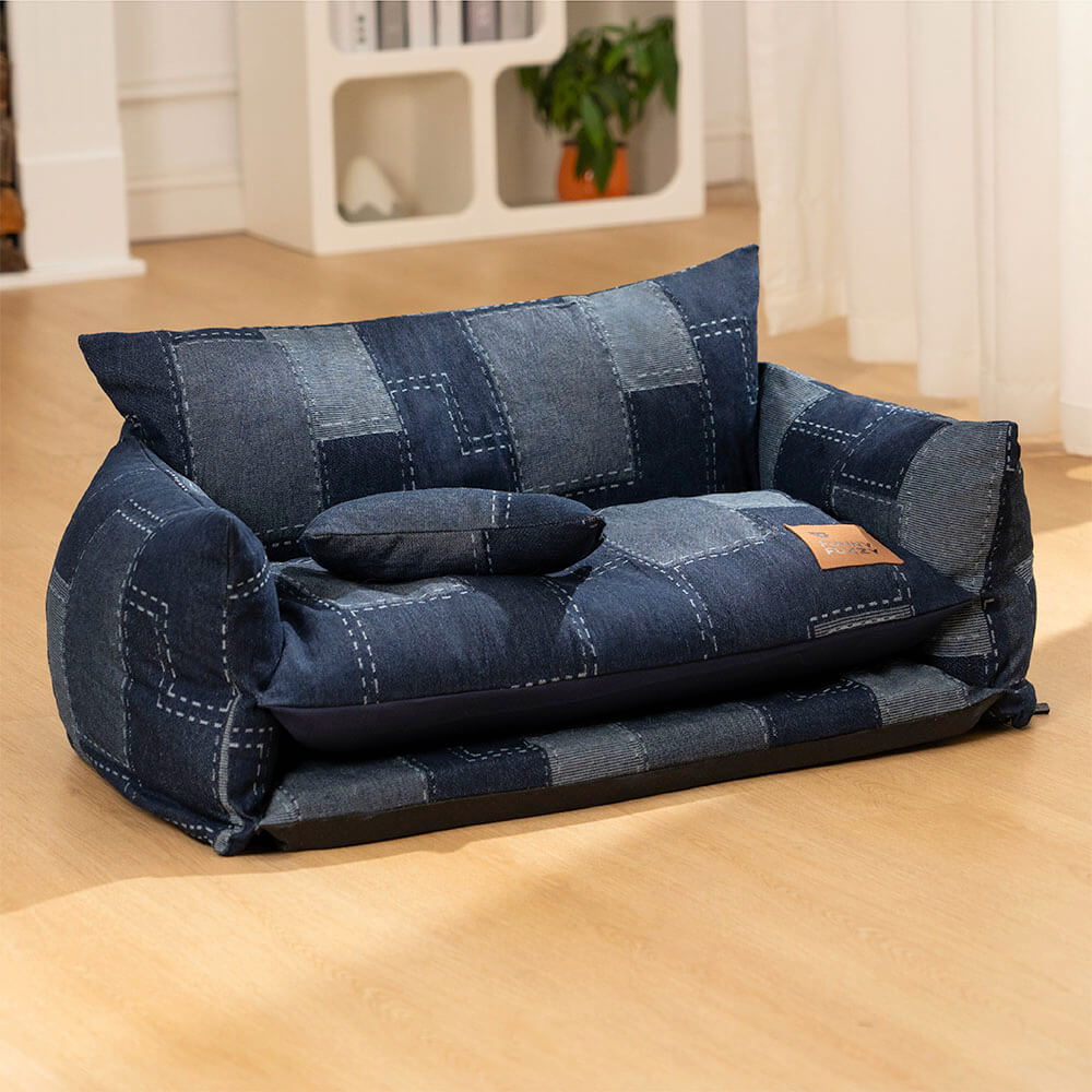 Canapé-lit Double couche pour animaux de compagnie, Style Patchwork en Denim, canapé-lit pour chien