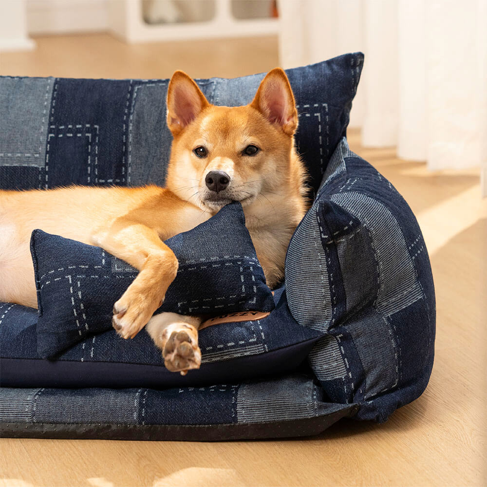 Canapé-lit Double couche pour animaux de compagnie, Style Patchwork en Denim, canapé-lit pour chien