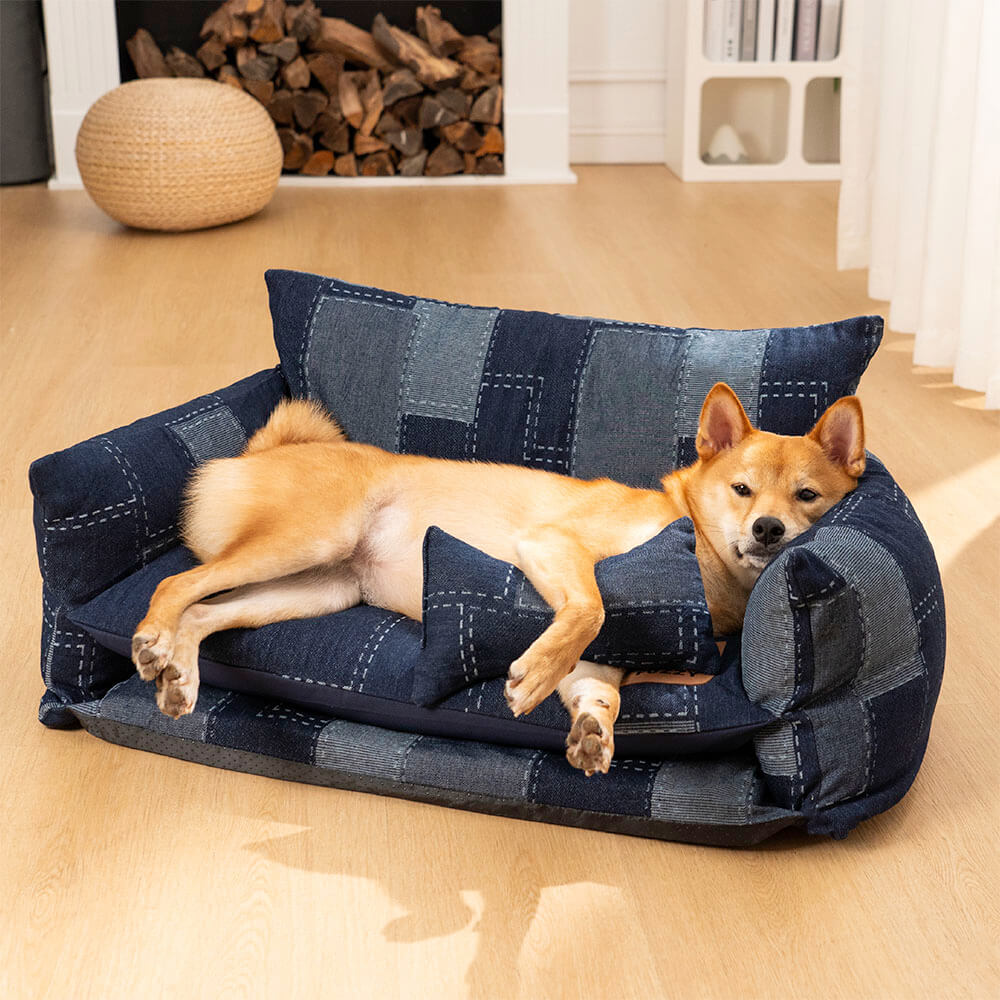 Canapé-lit Double couche pour animaux de compagnie, Style Patchwork en Denim, canapé-lit pour chien