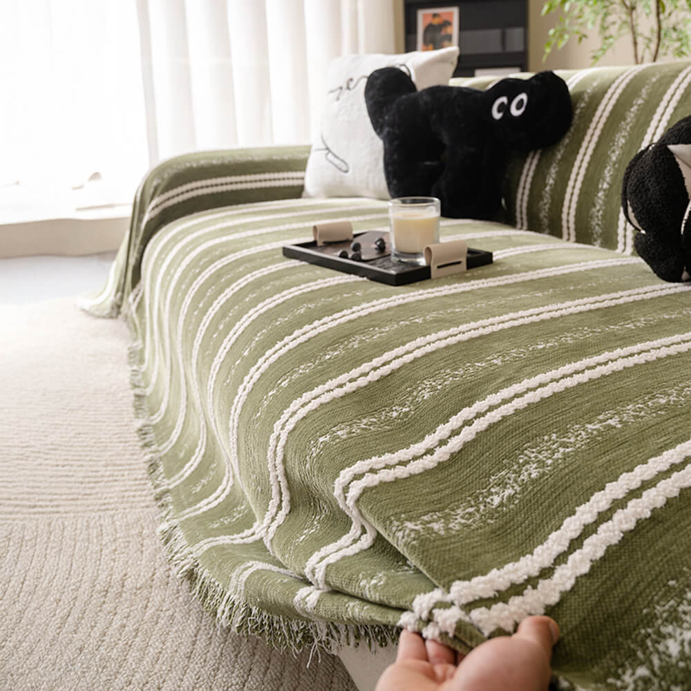 Decorative Stripe Tassel Chenille  Throw Couch Cover