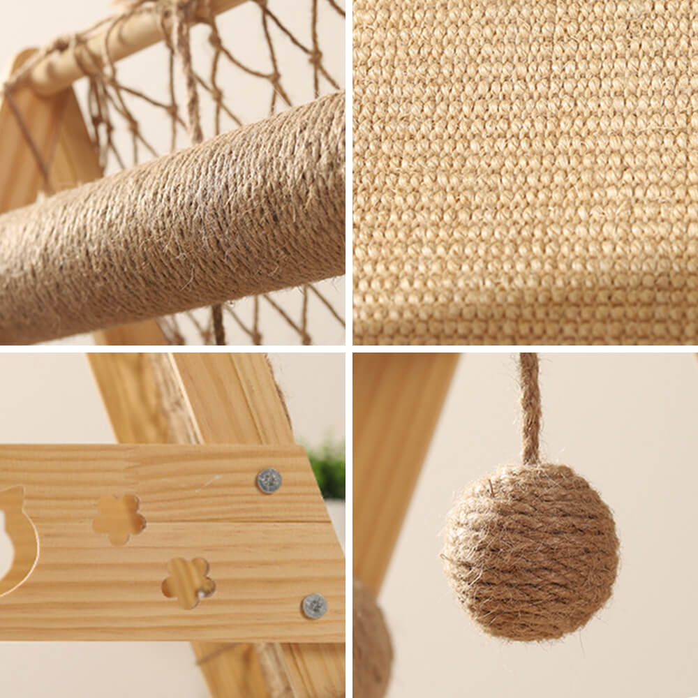 Modern Wooden Cat Tree Funny Scratching Post with Hammock Climbing Net