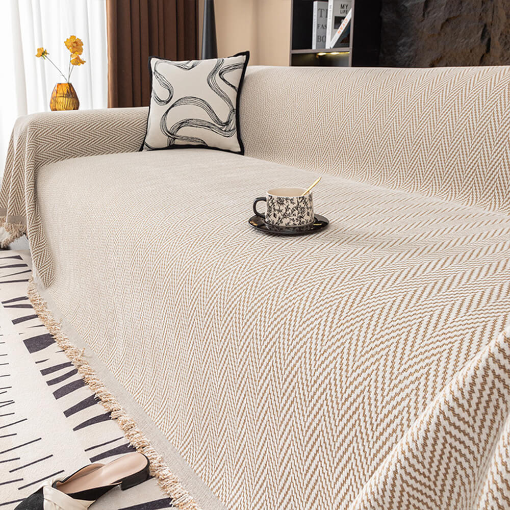 Premium Herringbone Chenille Fringe Full Coverage Couch Cover