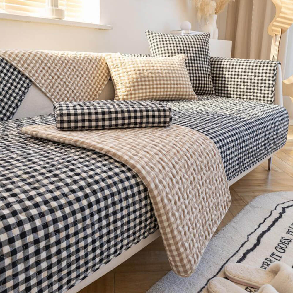 Retro Plaid Washed Cotton Wear-Resistant Non-Pilling Couch Cover