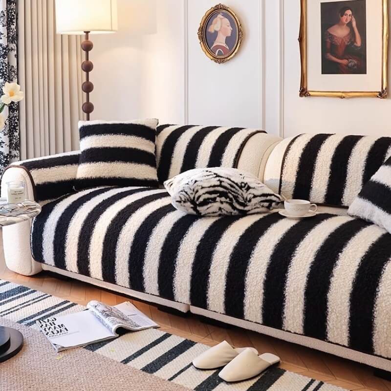 Faux Lambswool Striped Colorblock Non-Slip Couch Cover