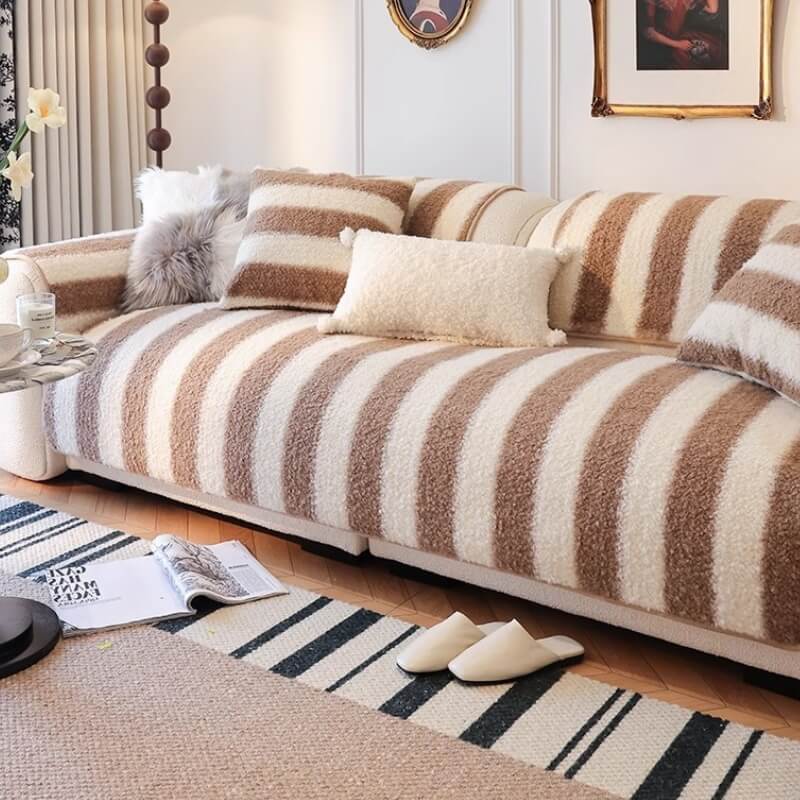 Faux Lambswool Striped Colorblock Non-Slip Couch Cover