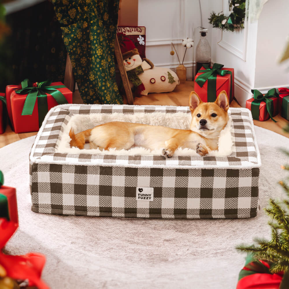 Cama calmante antiansiedad para perros acogedora y clásica de tartán festivo