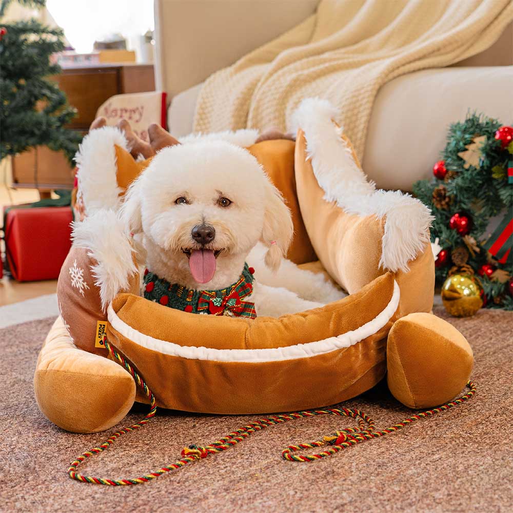 Festliches, gemütliches Hundebett aus Plüsch – Weihnachtsschlitten