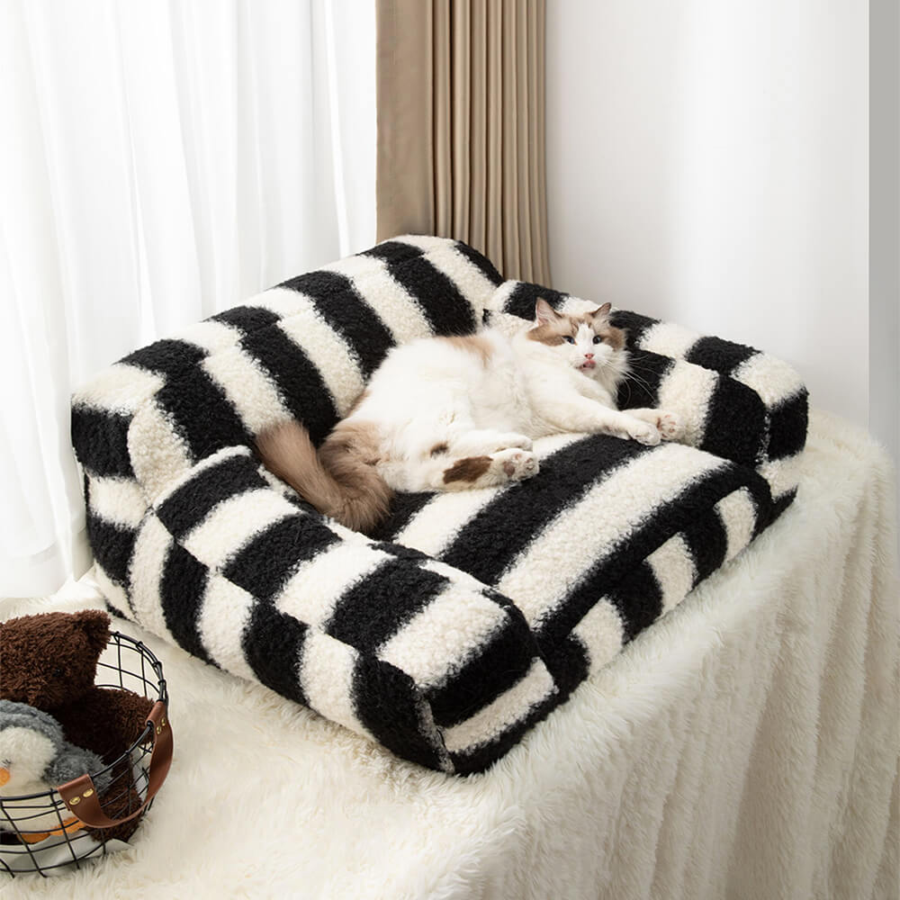 Bold Striped Faux Lambswool Wide Armrest Dog & Cat Sofa Bed