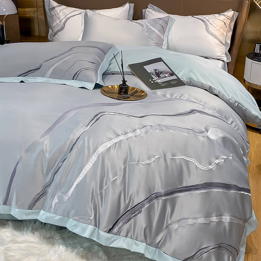 Embroidered Marble Pattern Ice Silk Cooling Bed Sheet Set