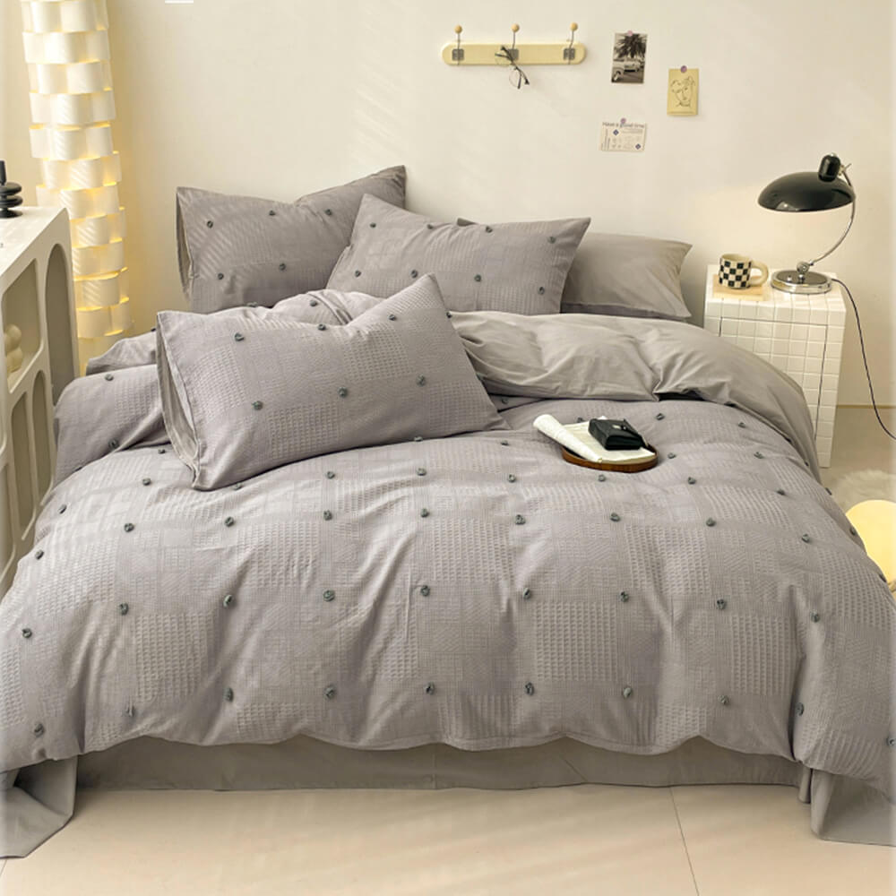 Embroidered Pom-Pom Waffle Weave Cotton Bed Sheet Set