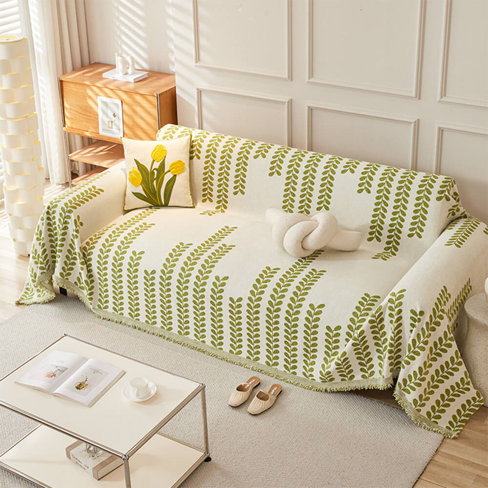 Leaf Stripe Chenille Fabric Fringe Decoration Couch Cover