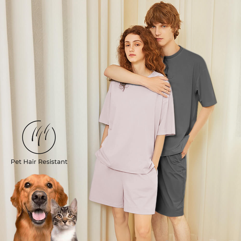 Eco-friendly Pet Hair Resistant Pure Color Crew Neck Short Sleeve Couples Pajama Set