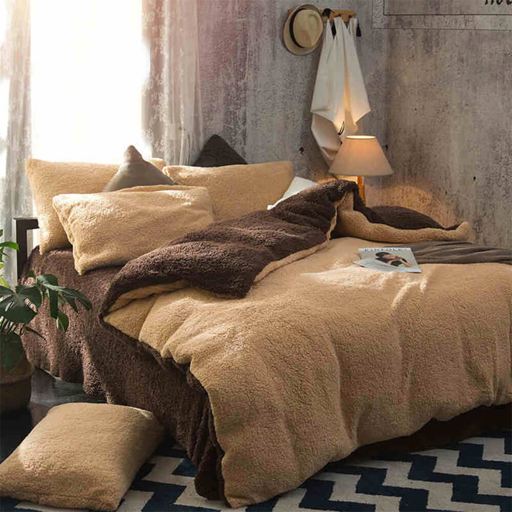 Reversible Two-Tone Thickened Warm Sherpa Fleece Bed Sheet Set