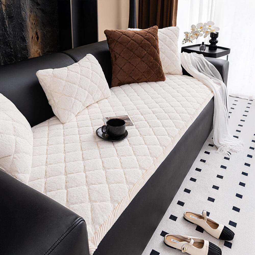 Soft Plush Diamond Quilted Anti-Slip Cushion Couch Cover