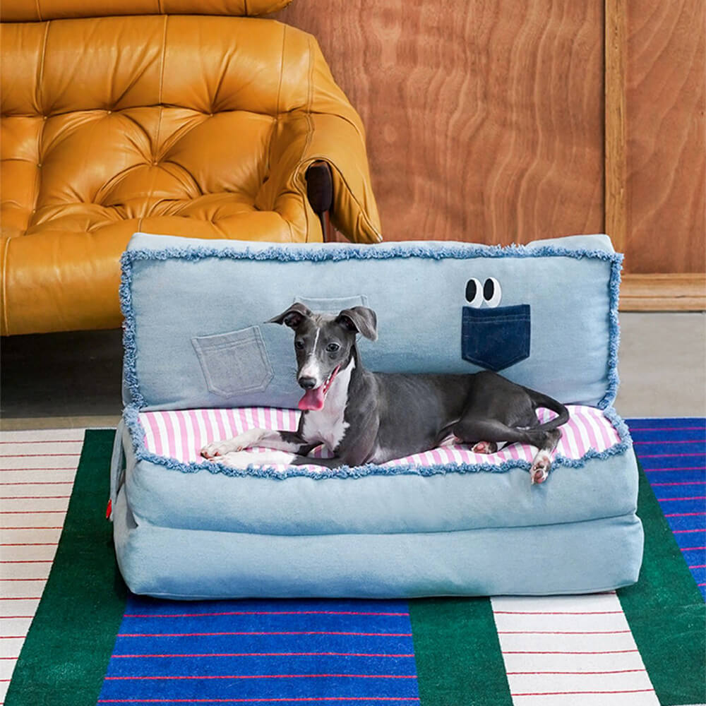 Canapé-lit multifonctionnel spacieux et pliable en denim pour chien et chat