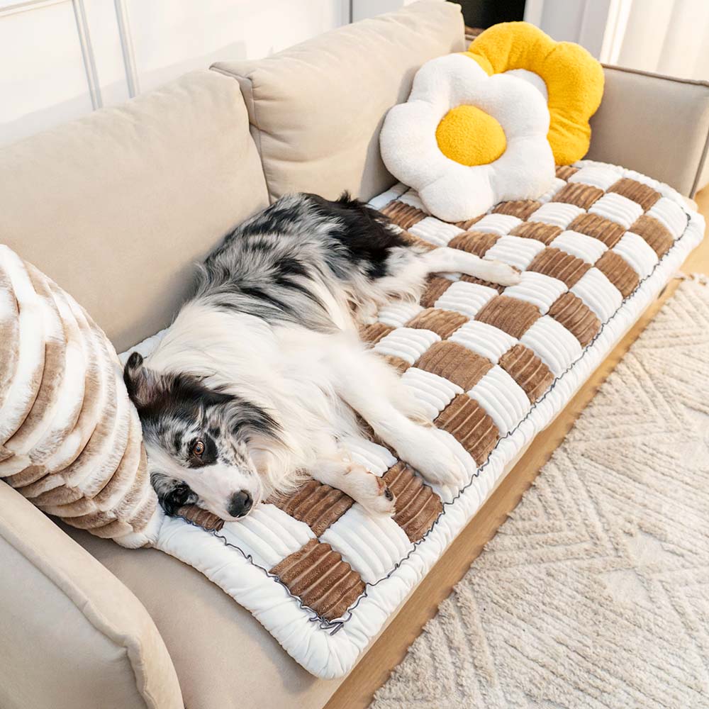 Funda de sofá cama para mascotas, cuadrada, grande, color crema, borrosa, a cuadros