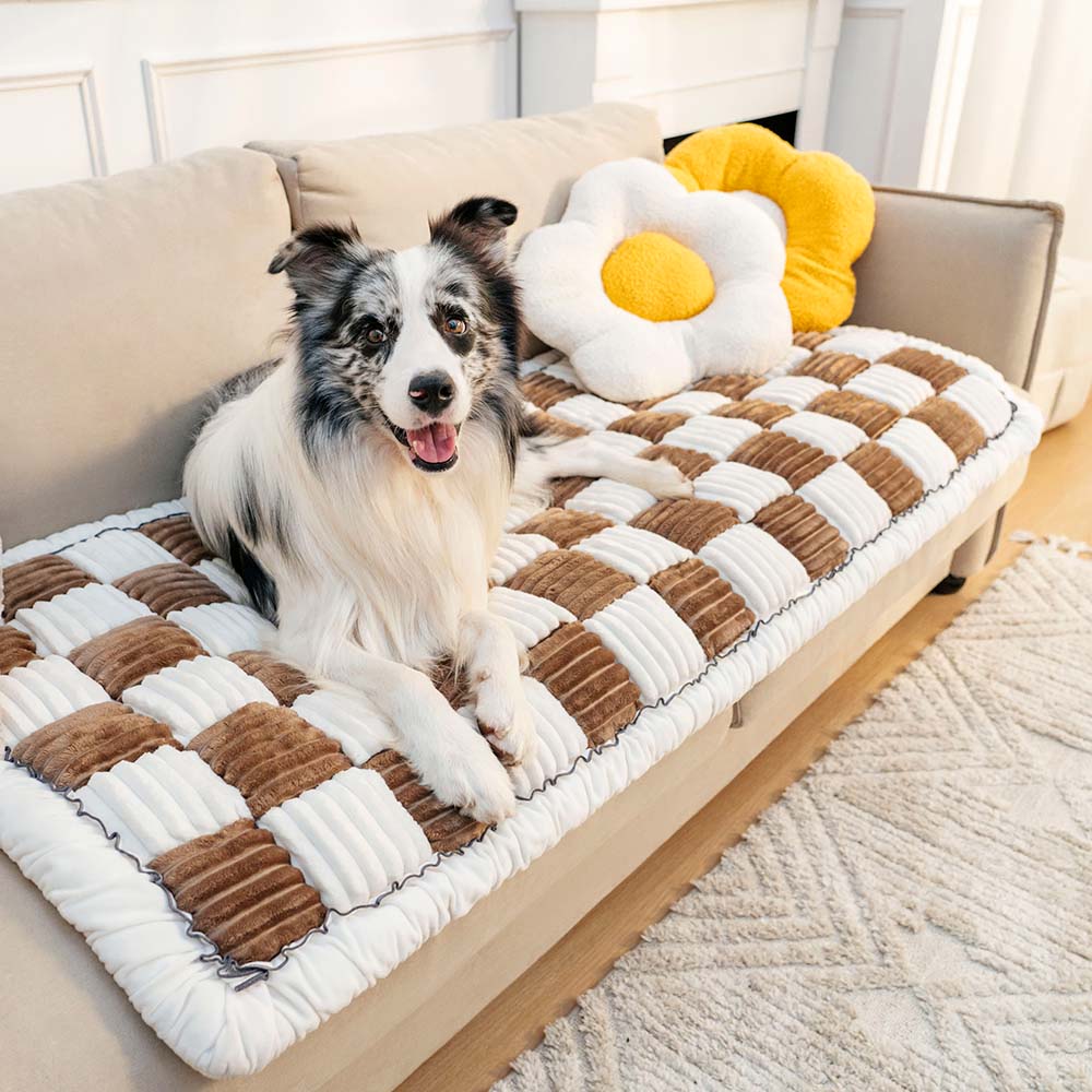 Funda de sofá cama para mascotas, cuadrada, grande, color crema, borrosa, a cuadros