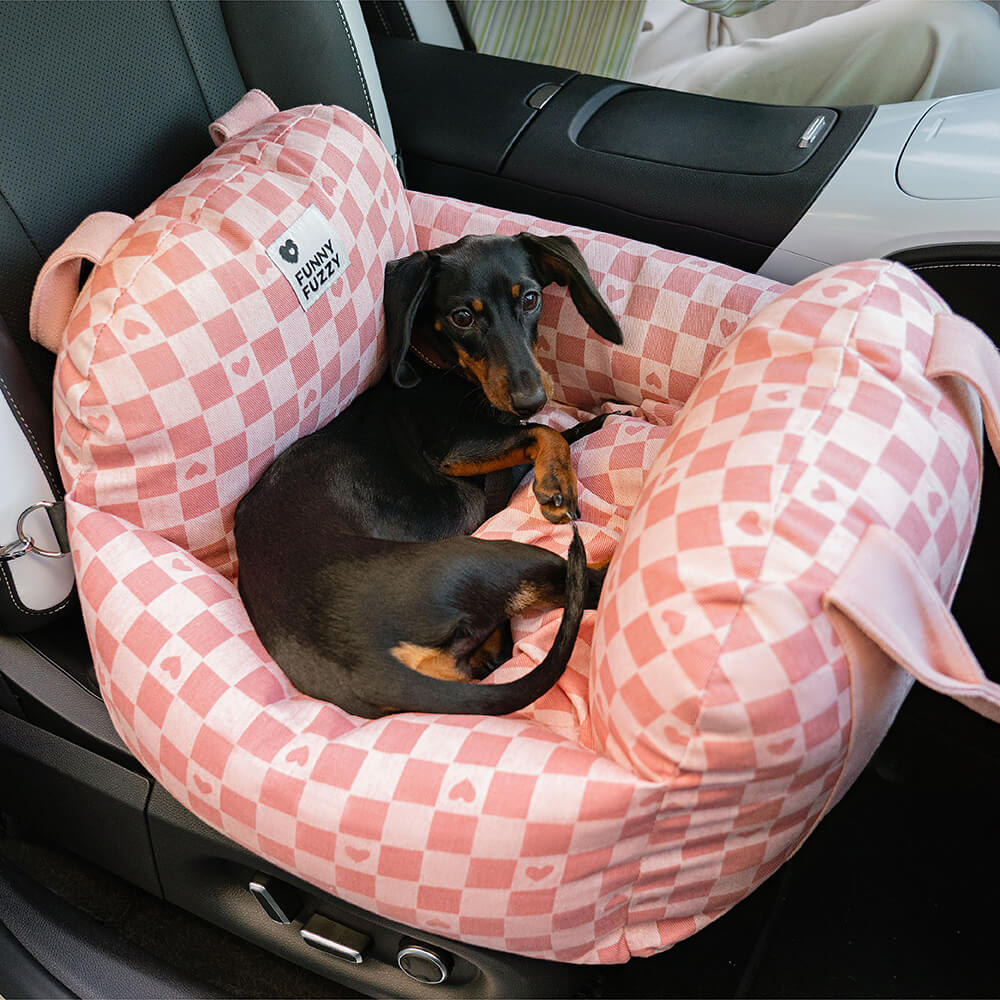 Cama de assento de carro para cachorro xadrez coração vintage