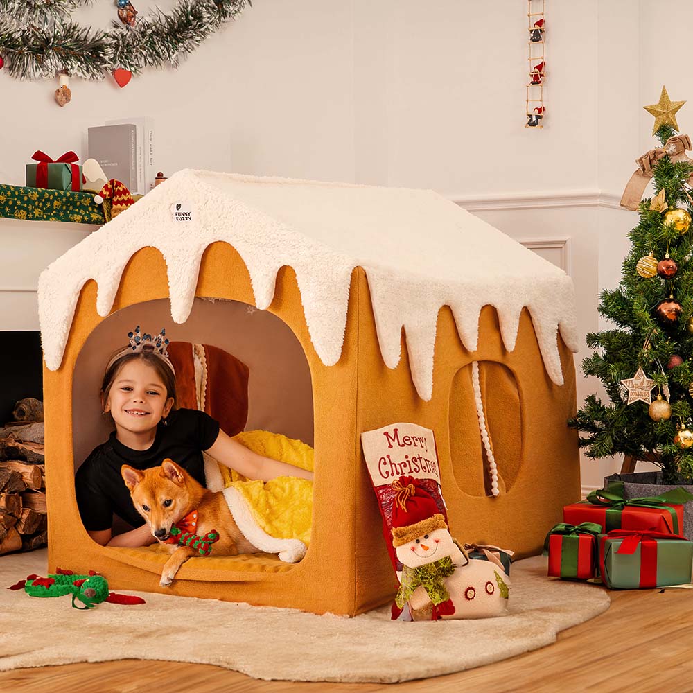 خيمة Gingerbread Snow House للحيوانات الأليفة، بيت كلب كبير قابل للفصل