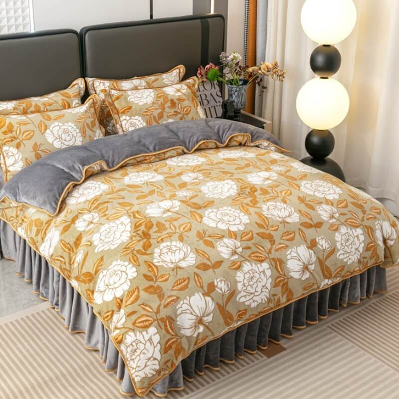 Modern Leaf Pattern Soft Milk Velvet Bed Sheet Set with Bed Skirt