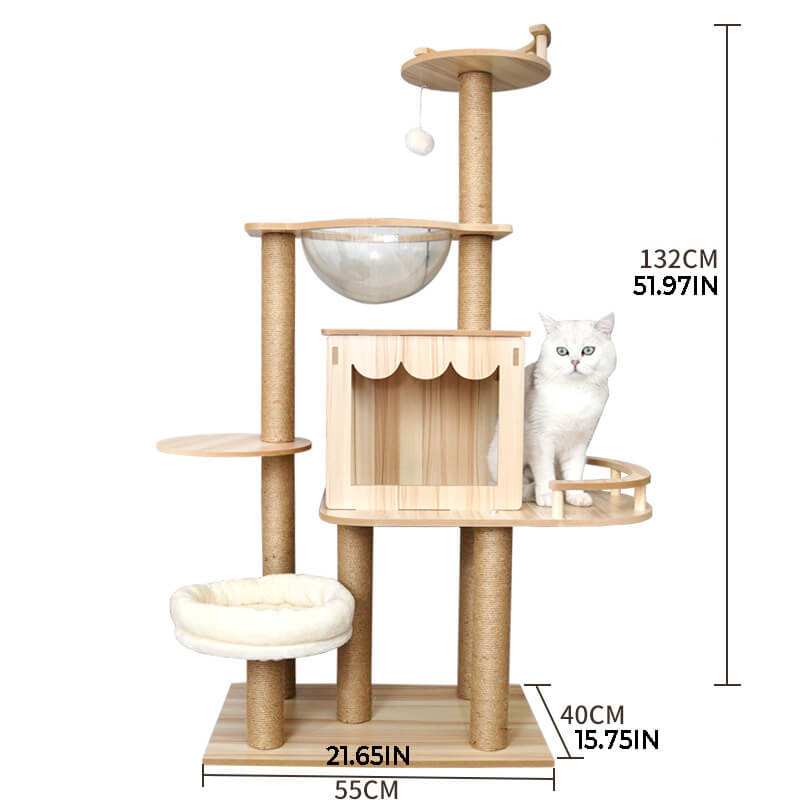 Multi-Level Fun Modern Wooden Cat Tree Tower with Condo and Space Capsule