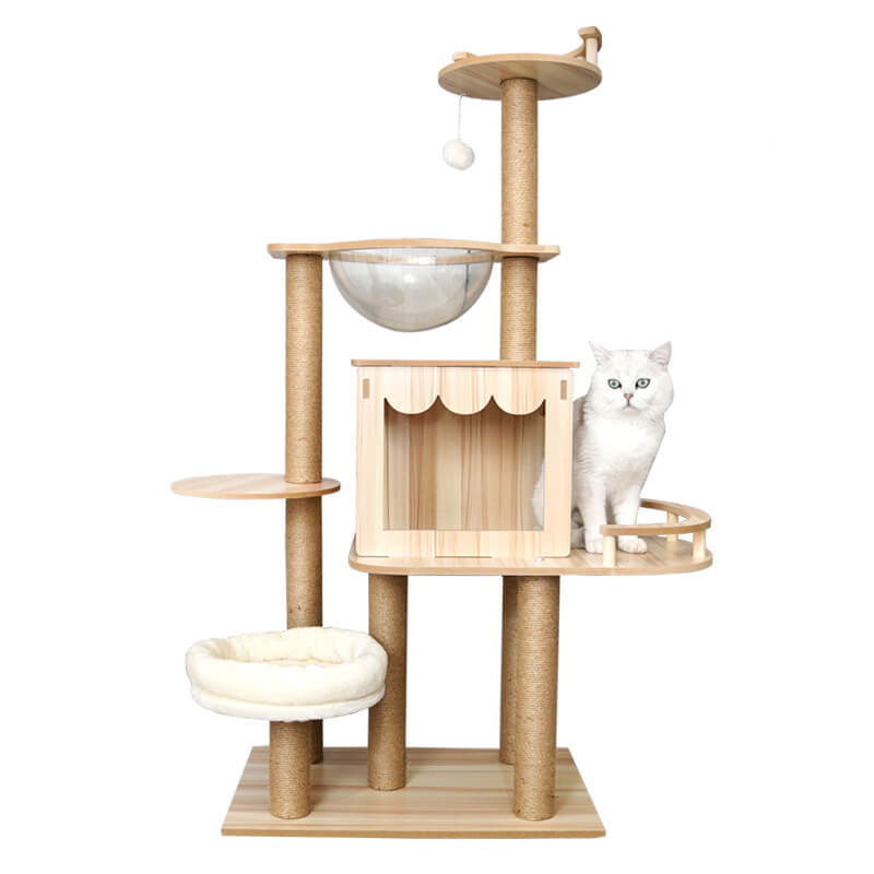 Multi-Level Fun Modern Wooden Cat Tree Tower with Condo and Space Capsule