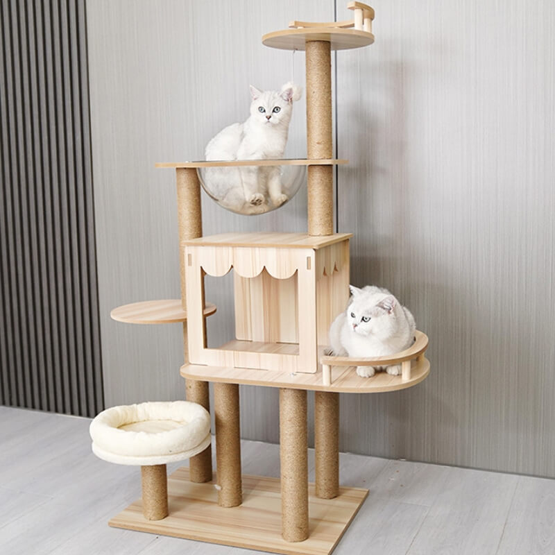 Multi-Level Fun Modern Wooden Cat Tree Tower with Condo and Space Capsule