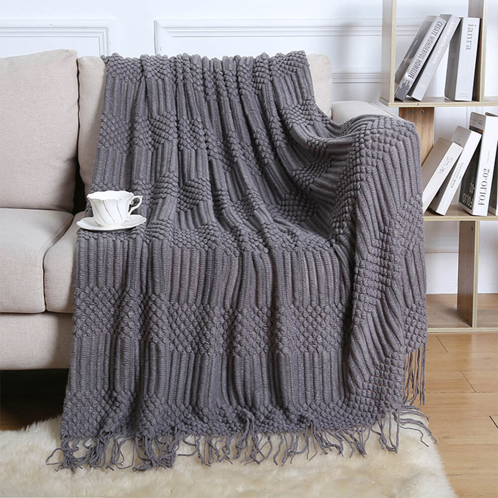 Luxuriously Soft Cozy Knitted Fleece Fringed Edges Throw Blanket