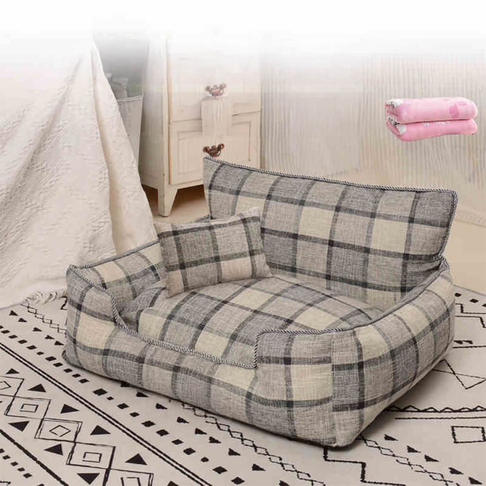 Vintage Plaid Warm Removable Washable Dog & Cat Sofa Bed Matching Blanket Pillow