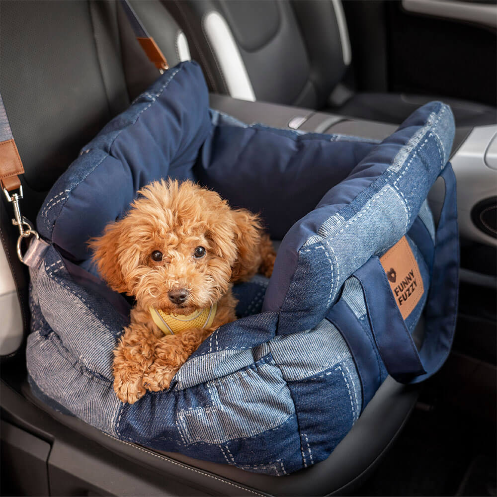 Cama para asiento de coche para perros con retazos de mezclilla vintage con refuerzo de seguridad para viajes