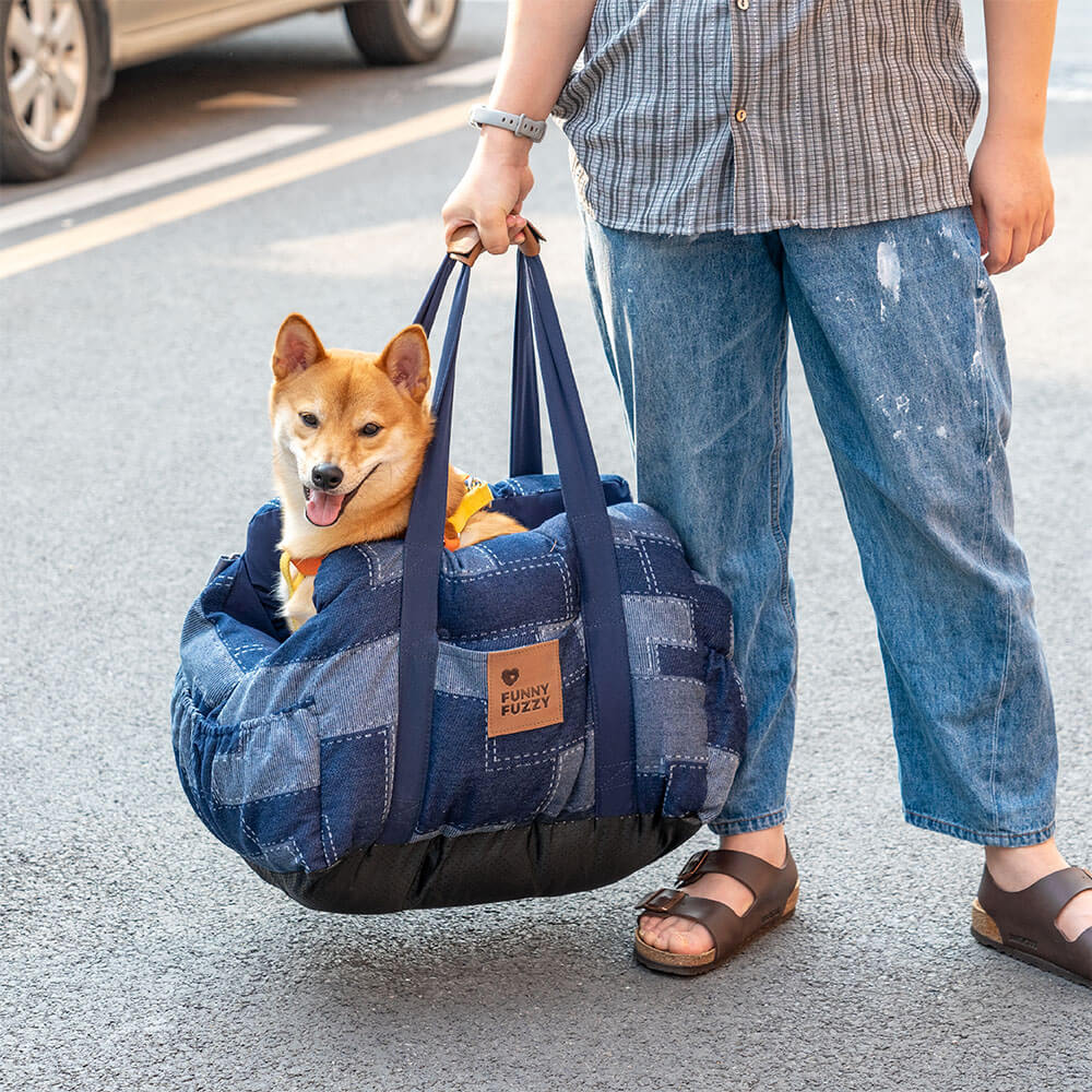 Travel Safety Bolster Vintage Denim Patchwork Dog Car Seat Bed