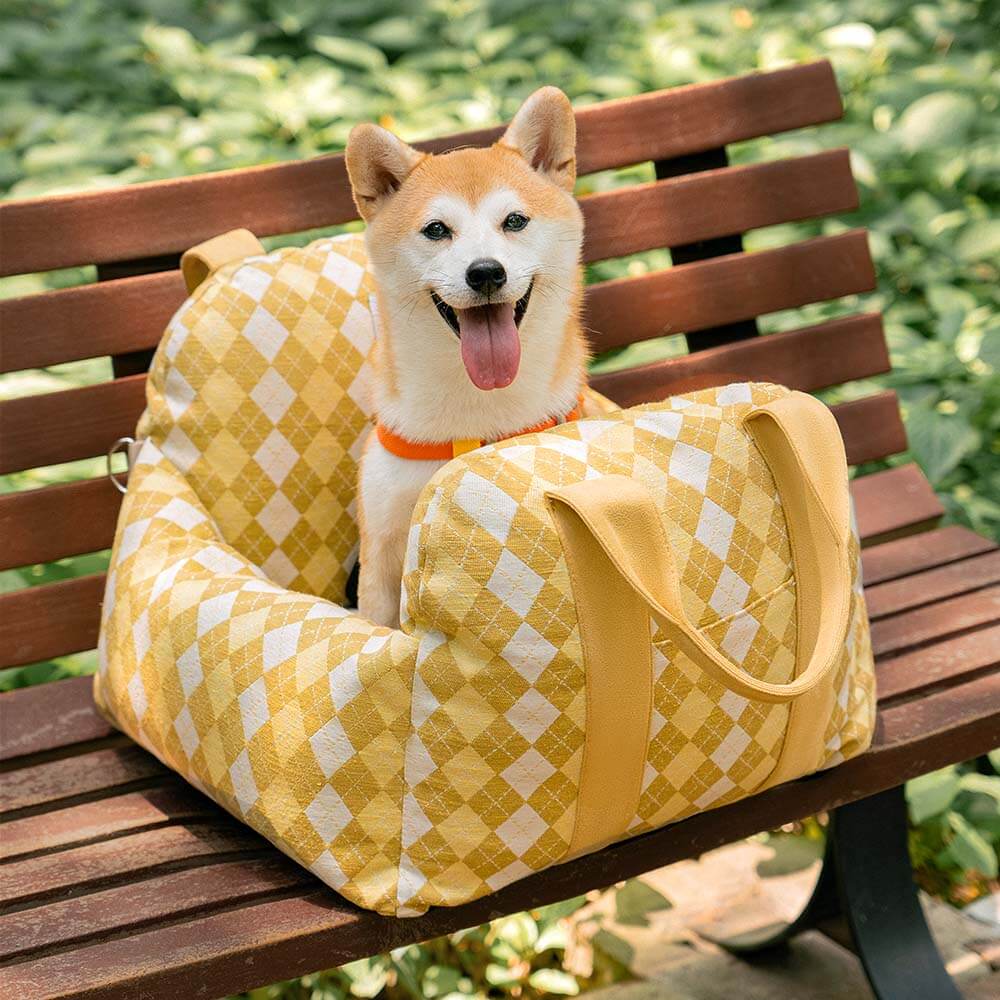 Cama de assento de carro para cachorro xadrez coração vintage