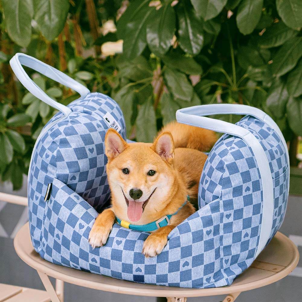 Cama de assento de carro para cachorro xadrez coração vintage