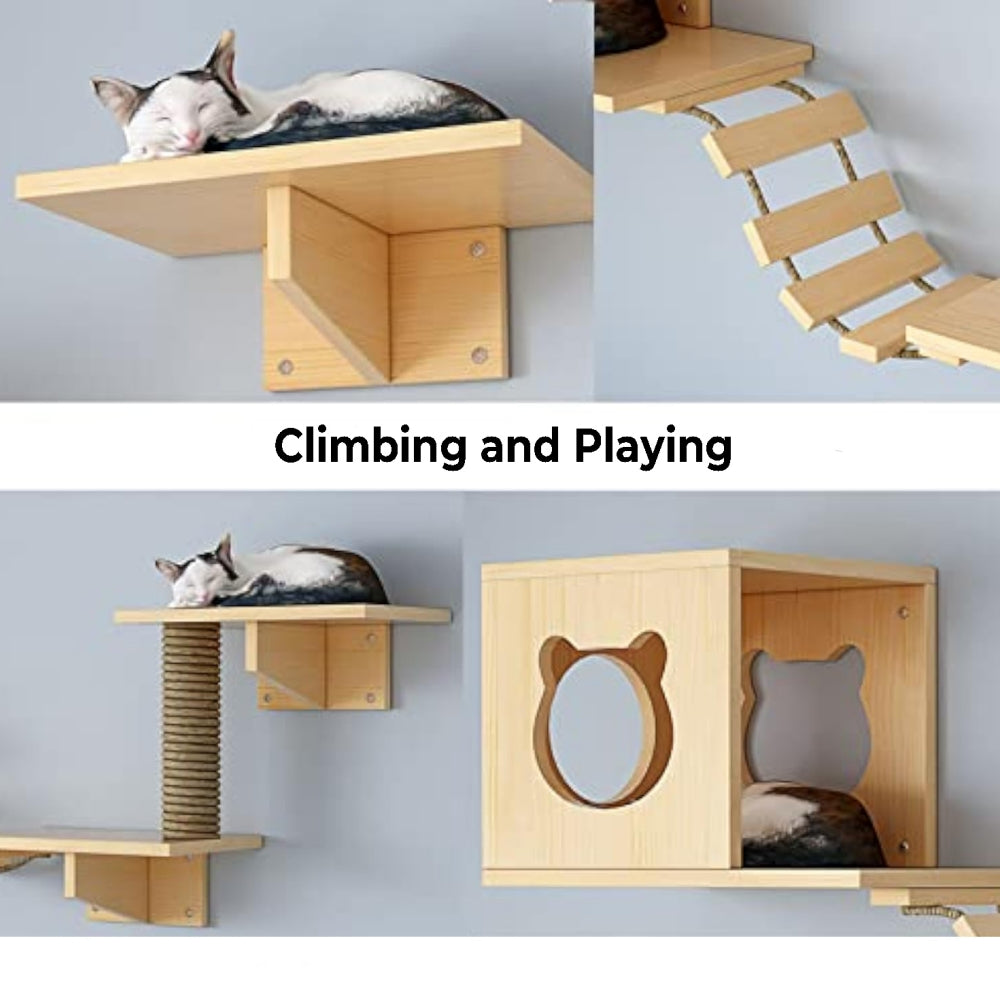 Wooden Cat Furniture Wall-Mounted Cat Climber Shelves with Condo Set