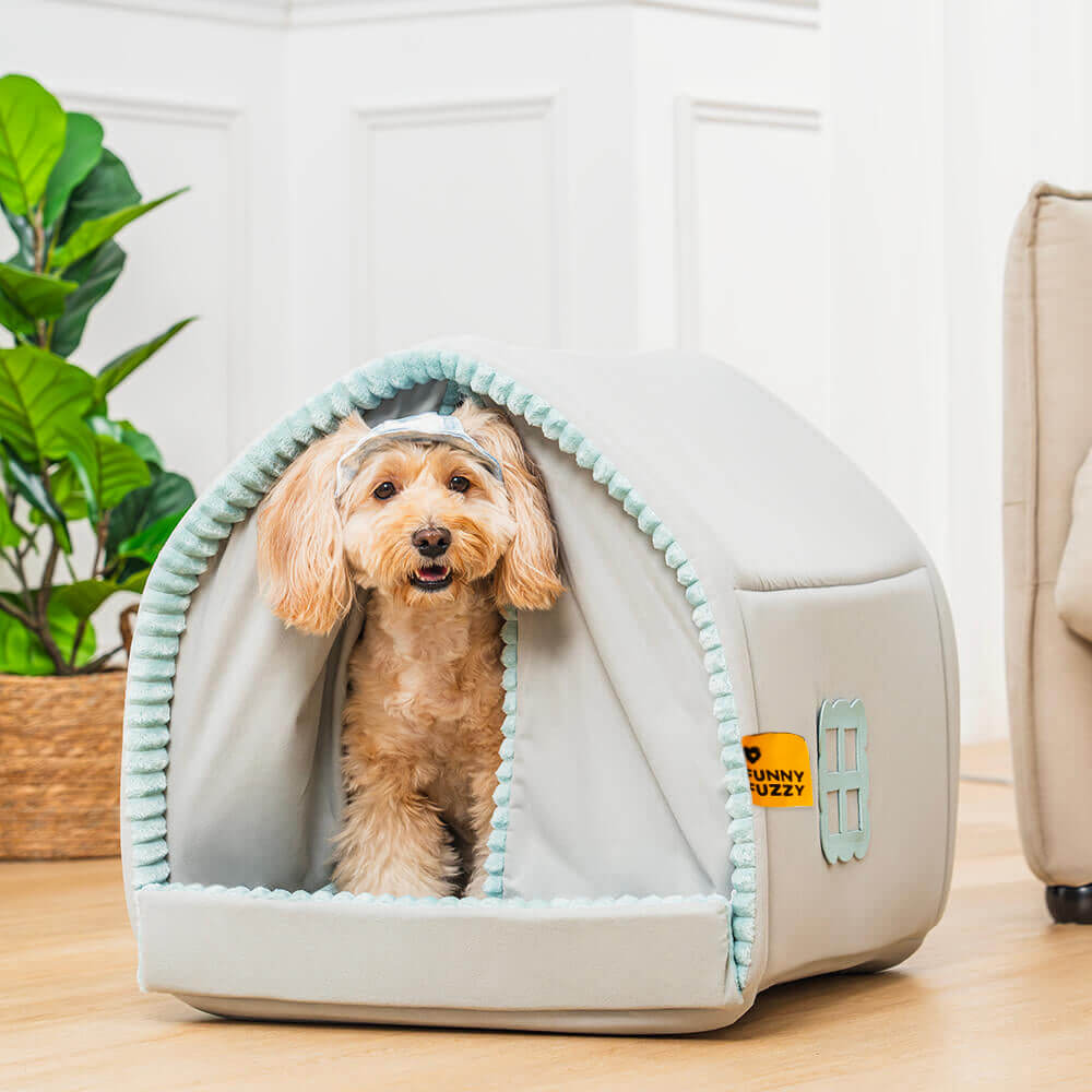 Cama para perros cerrada con doble cortina para mascotas